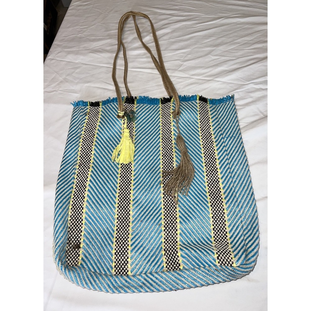 Boho Blue, Yellow and Black Striped Tote Market Bag